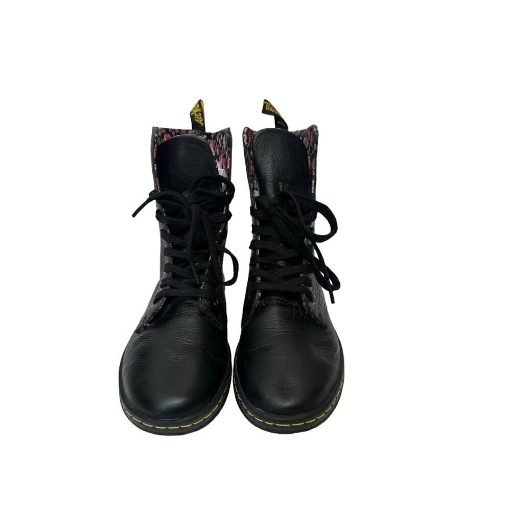 Dr. Martens Stratford Black Fold Over Floral Lined Leather Combat Boots US 7 - Picture 3 of 15